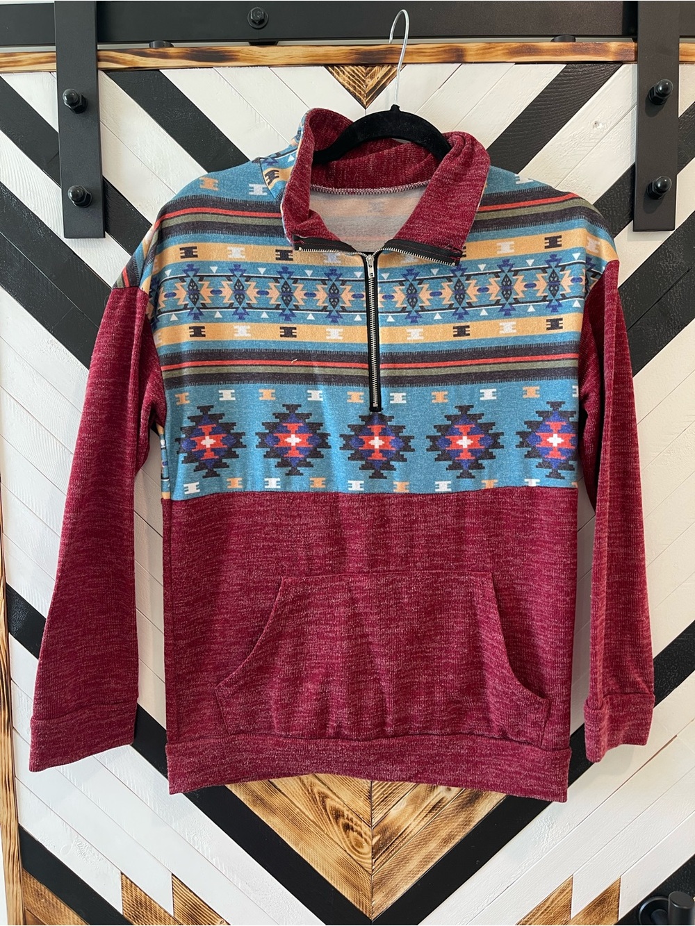 Women’s Half-Zip Pullover Sweater - Maroon with Aztec Panel
